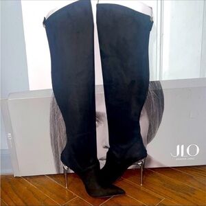 Jennifer Lopez Elegant Black Over the Knee Boots Iridescent Heels